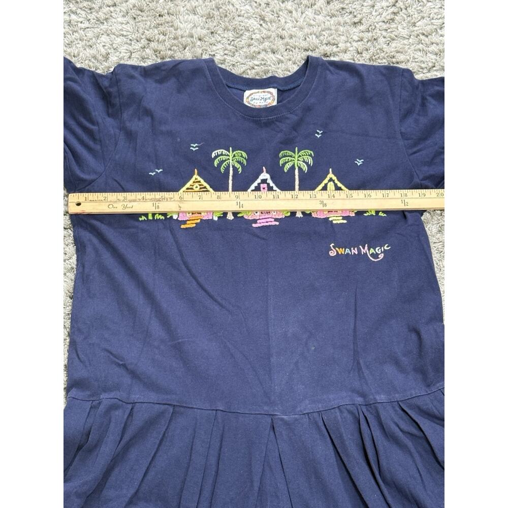 Vtg 90s Swan Magic Hand Embroidered Tropical Houses T-Shirt Dress Navy S/M - Picture 9 of 13